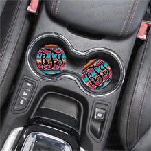 Load image into Gallery viewer, serape pattern cow hide monogram set of 2 car coasters
